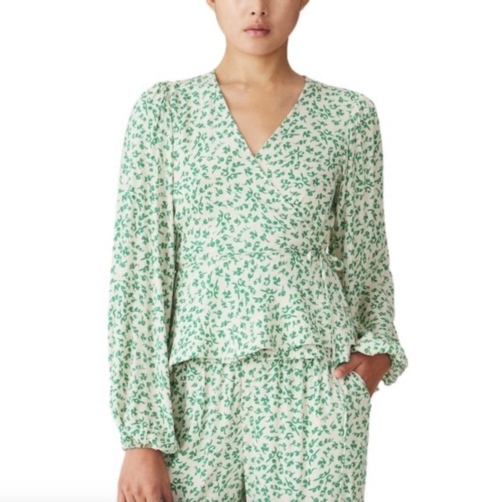 NWT Ganni Printed Wrap Top In Tapioca Peplum Puff Sleeve size EUR 40 US 8/10